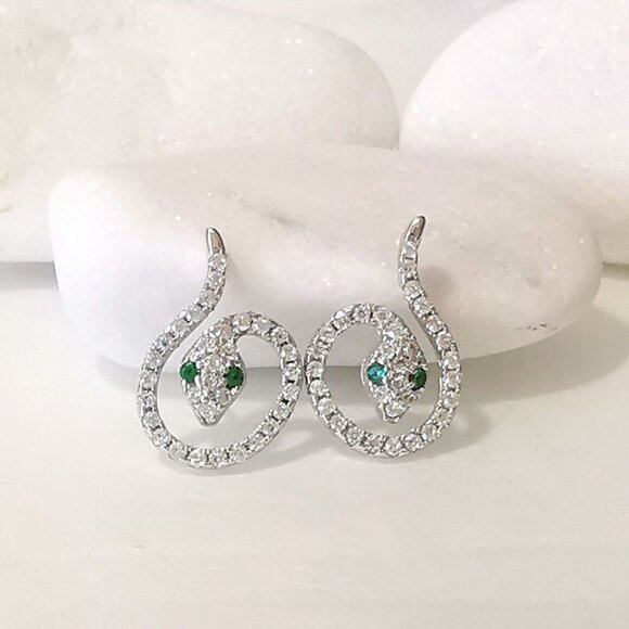 Genuine emerald gemstone CZ snake stud  earrings in Sterling Silver 🆕 - Picture 6 of 10